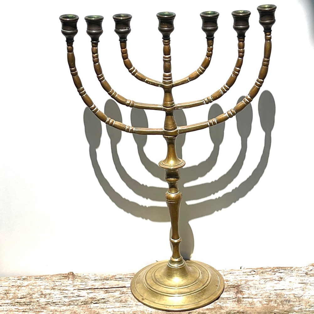 Vintage Copper Brass 7 Branch Menorah - Temple Design Judaica Decor